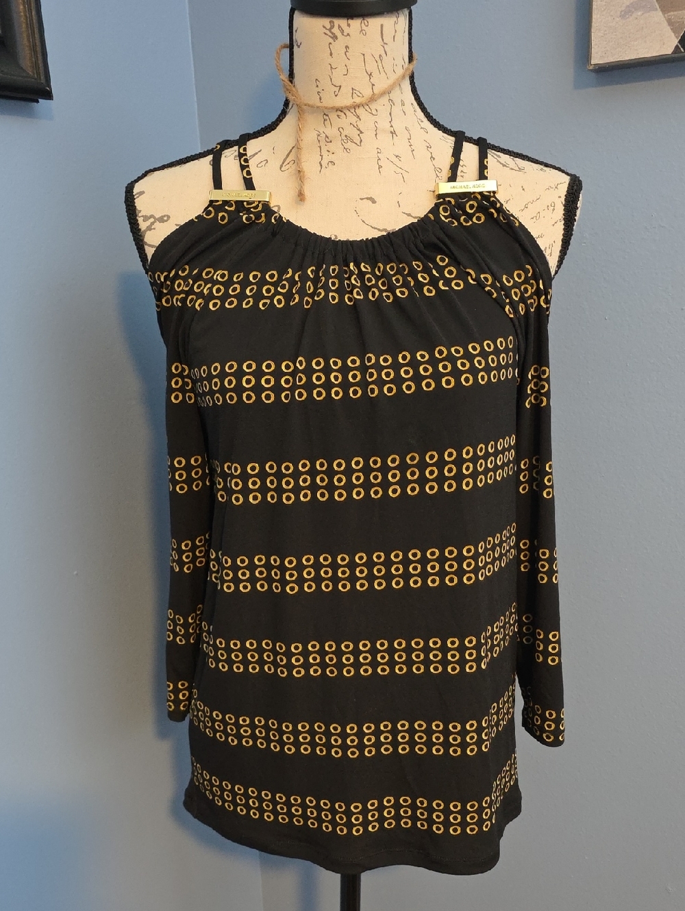Michael Kors Black Cold-Shoulder Tunic with Gold Ring Print